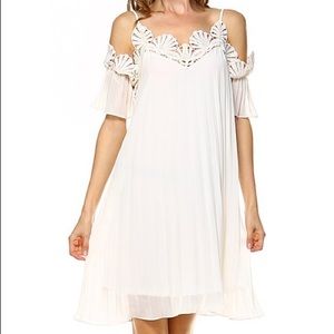 Lace, pleated off the shoulder dress
